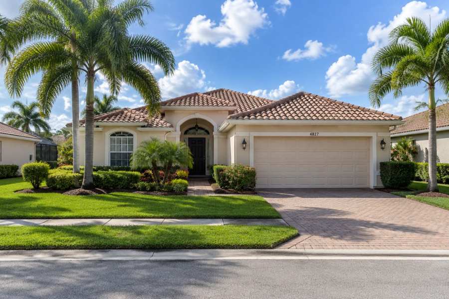 Single-story beige stucco house with a terracotta barrel tile roof, an arched entry, a two-car garage and a brick paver driveway, with palm trees, trimmed hedges and a green lawn under a blue sky with white clouds