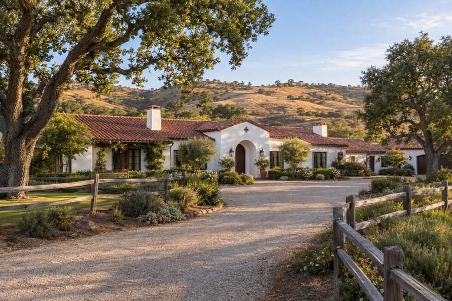 Illustrative white stucco single-story house with a clay tile roof, arched entry, gravel driveway and split rail fences beneath oak trees, with dry hills beyond.