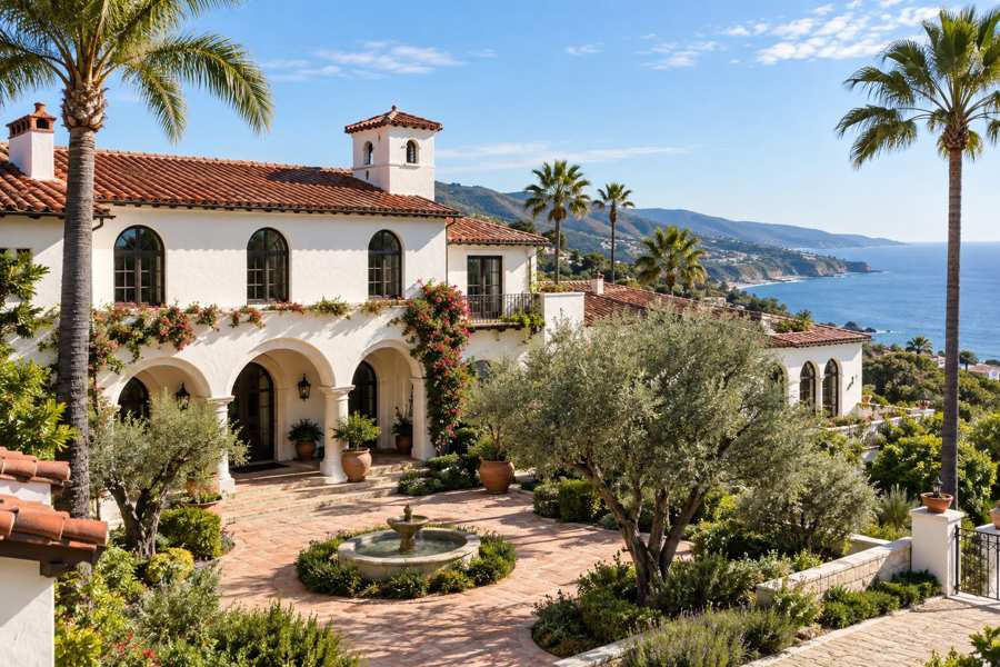 White stucco house with a red clay tile roof, arched windows and a small tower, a courtyard with a fountain and olive trees, and tall palms, on a hillside above a blue sea under a clear sky