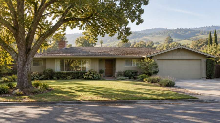 Mid-century single-story house with a worn roofline and a front lawn on a quiet Santa Rosa, California street