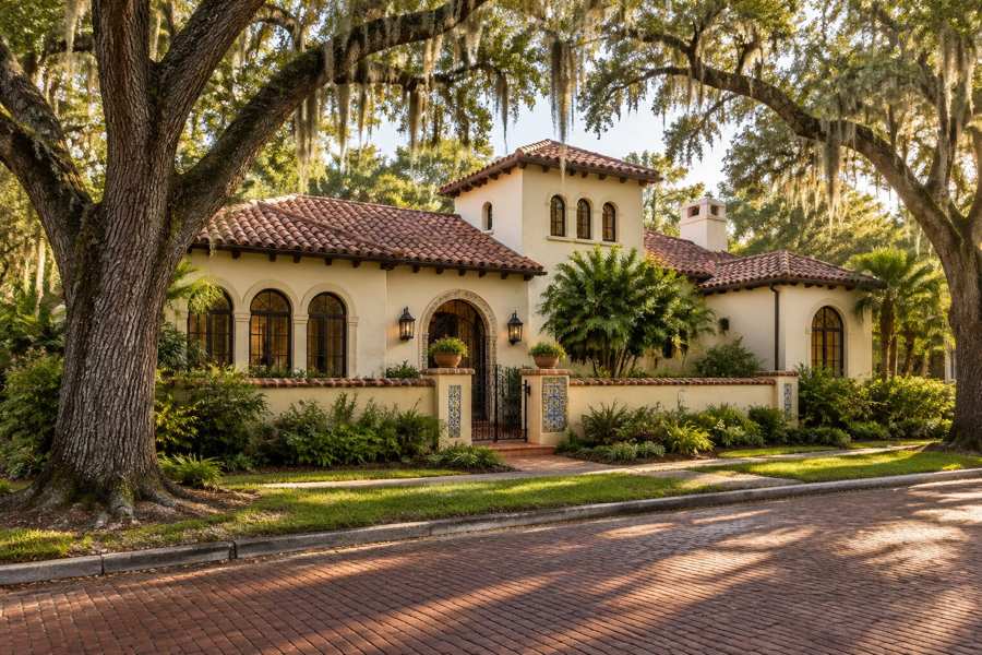 Historic cream stucco Spanish Mediterranean house with a terra cotta barrel tile roof and arched windows, a courtyard wall and mature live oak trees on a quiet brick street in golden light