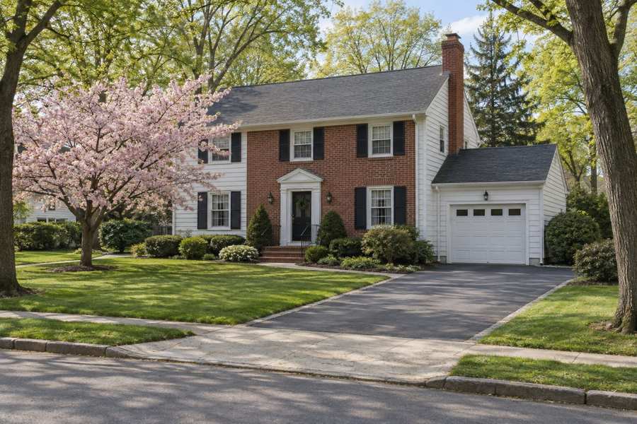 White clapboard and red brick center-hall Colonial house with black shutters, an attached garage and a paved driveway, beside a flowering cherry tree in bloom and a mown lawn on a street lined with mature maples