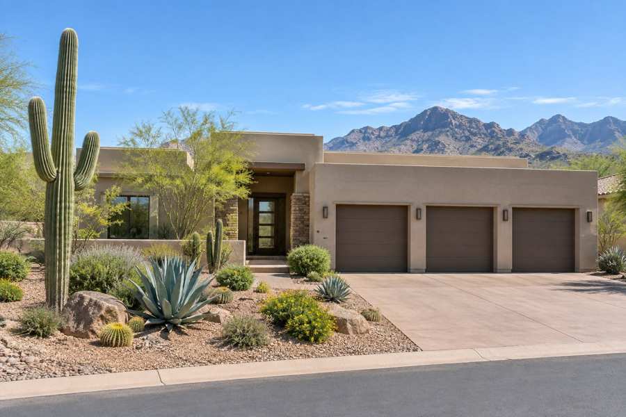 Contemporary desert style single story house with stucco walls, a flat roof, saguaro and agave landscaping and a three car garage, with mountains in the distance