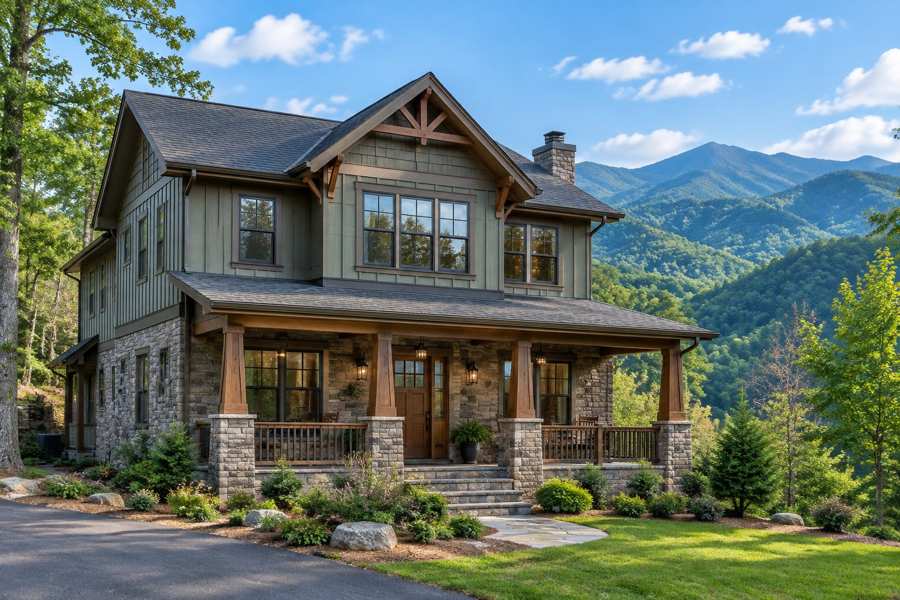 Two-story craftsman house with sage green siding, a stone base, a wide covered porch with wood columns and a wooden front door, set among trees with forested mountain ridges behind under a blue sky