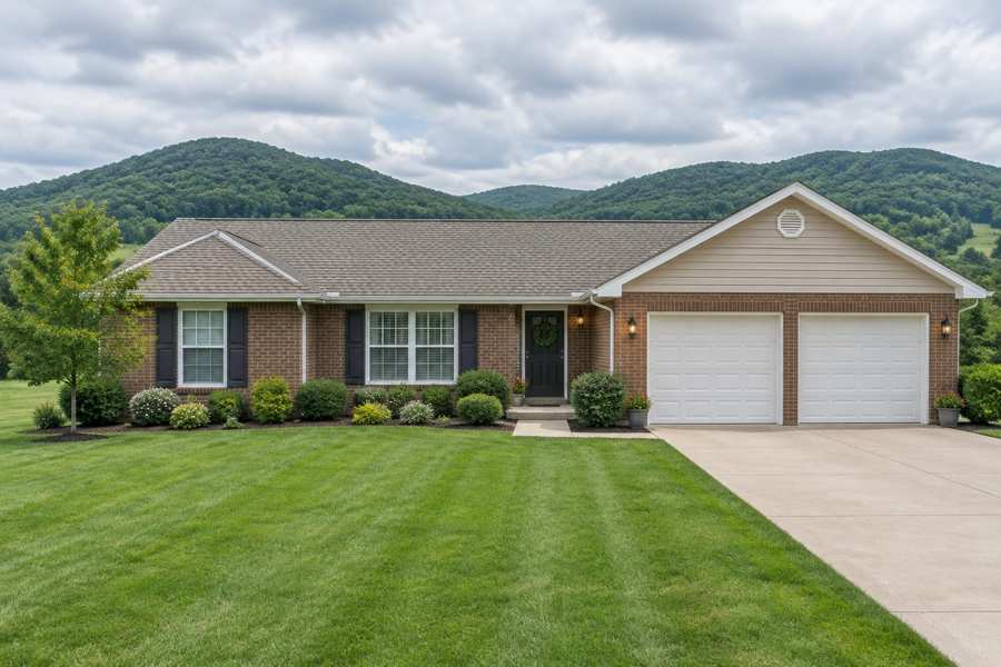 Single-story brick ranch house with a beige gabled two-car garage with white doors, dark shutters, a black front door with a wreath, a striped green lawn and a concrete driveway, with wooded hills behind under a cloudy sky
