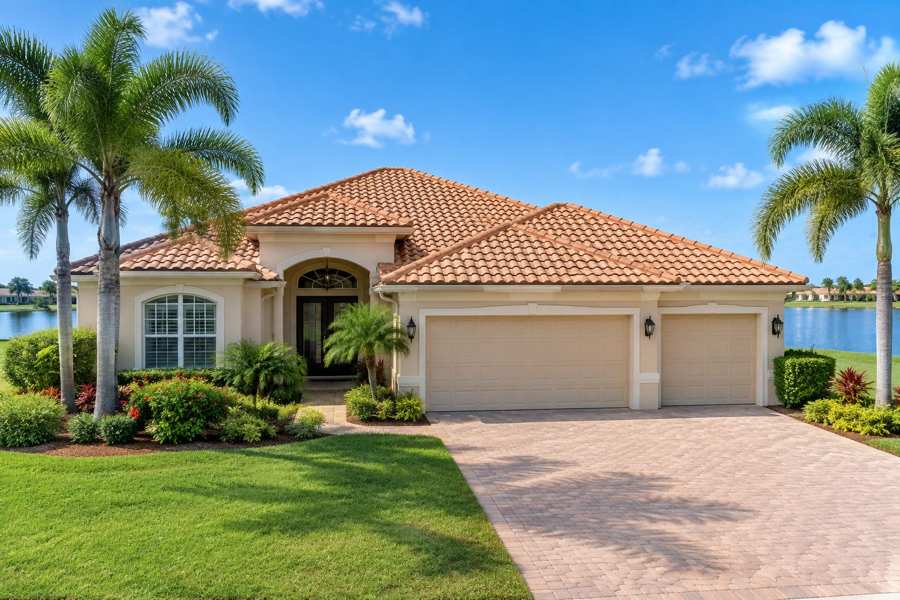 Single-story stucco house with a clay tile roof, an arched entry with dark double doors, a three-car garage and brick paver driveway, palm trees and tropical landscaping, with a lake and blue sky behind