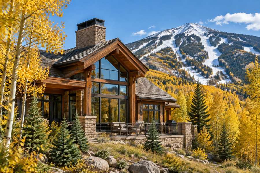 Timber and stone mountain house with a tall glass gable and a stone chimney, set among golden aspen trees and evergreens, with a ski mountain with cleared runs and early snow on the ridge under a blue sky