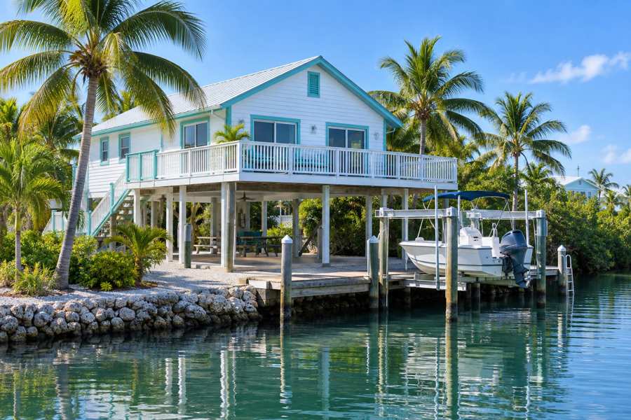White raised stilt house with teal trim, a metal roof, a wide railed deck and an outdoor staircase beside a calm green canal, with a boat on a lift at a wooden dock, a coral rock seawall and tall coconut palms under a blue sky