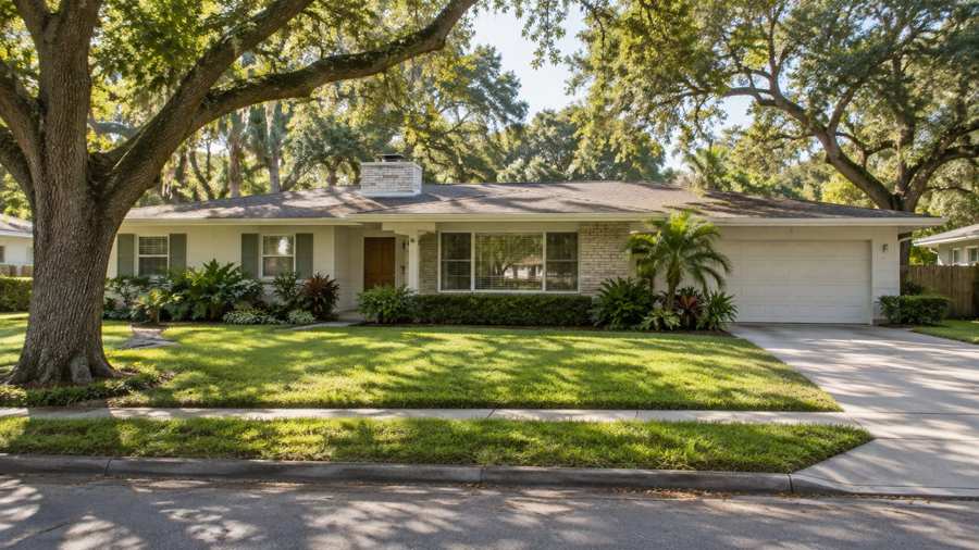 Single-story 1960s ranch house under live oaks on a quiet tree-lined South Tampa street