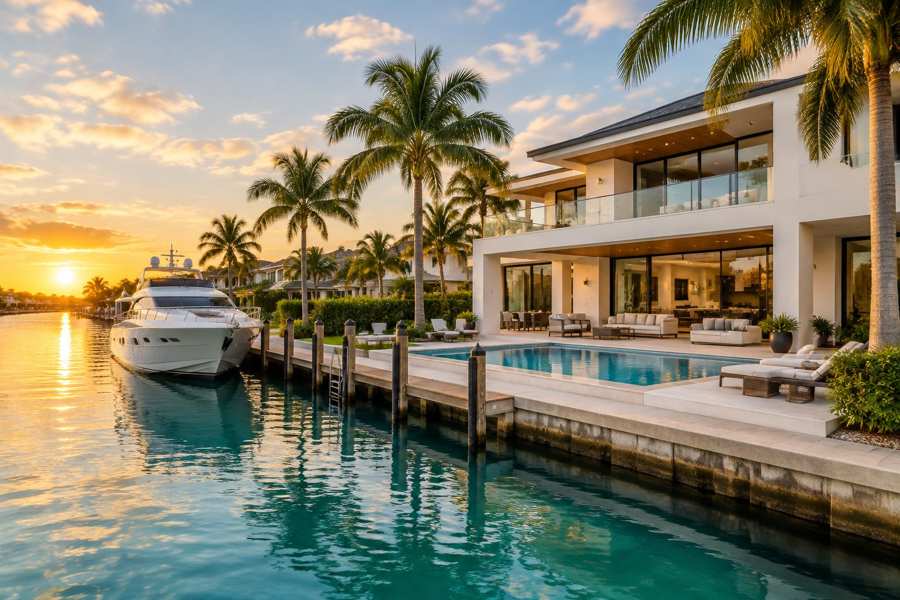 Modern white stucco waterfront house with a glass balcony, large glass doors and a pool deck beside a canal with a white yacht at a dock, royal palms and a sunset sky