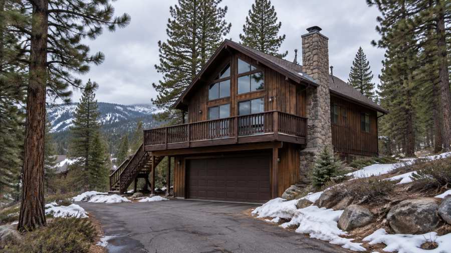 Dark-timber mountain house with a stone chimney, deck and two-car garage among tall pines with patches of late snow near Truckee, California