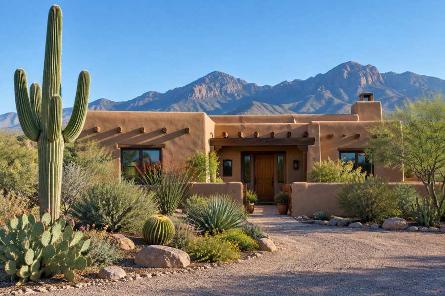 Adobe-style house with tan stucco walls, round wooden beams, a wooden front door and a low courtyard wall, surrounded by a tall saguaro cactus, prickly pear and desert plants, with rocky mountains behind under a clear blue sky
