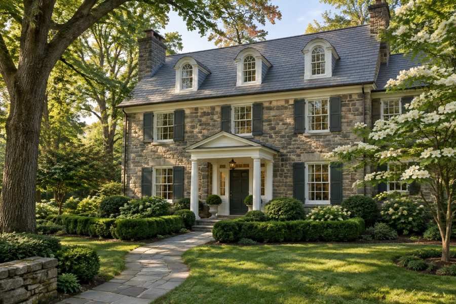 Gray-tan fieldstone Colonial house with a slate roof, three arched white dormers, dark green shutters and a columned white front porch, behind boxwood hedges, a flagstone walk and a flowering dogwood under tall oak trees
