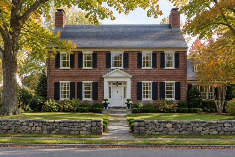 Red brick Georgian Colonial house with white trim, black shutters, a pedimented white front door and a slate roof with two chimneys, behind a low fieldstone wall and a lawn, with maple trees in early autumn color