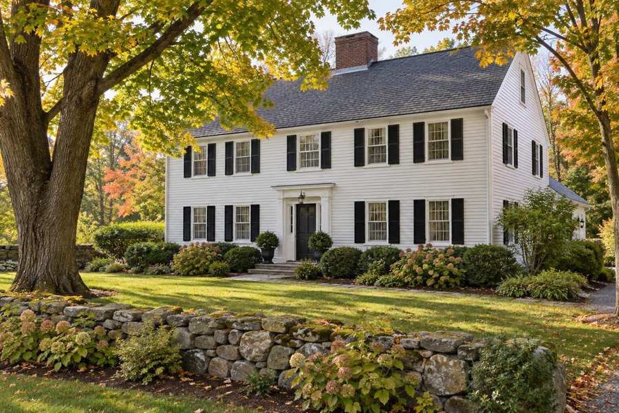 Classic colonial house with white clapboard siding, black shutters, a stone wall and mature maple trees in early autumn light