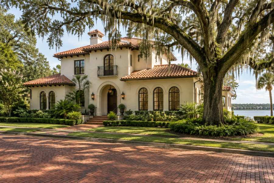 Cream stucco Mediterranean Revival house with a terracotta barrel tile roof and arched windows, a large live oak with Spanish moss, a red brick street and a lake behind in warm afternoon light